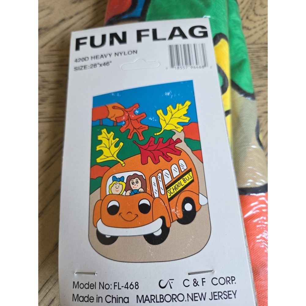 Fun Flag Back To School Bus Heavy Nylon 28X46 Double Sided New NIP Vintage Fall